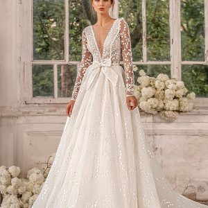 luce sposa 2022 symphony flowers bridal sheer long sleeve v neckline fully embellished a line ball gown wedding dress chapel train (clover) mv