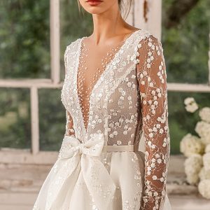 luce sposa 2022 symphony flowers bridal sheer long sleeve v neckline fully embellished a line ball gown wedding dress chapel train (clover) zv