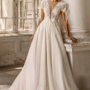 luce sposa 2022 symphony flowers bridal short puff sleeve plunging v neckline embellished bodice a line ball gown wedding dress chapel train (gloria) mv