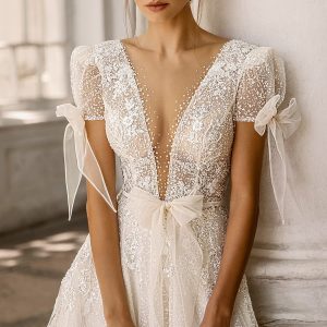 luce sposa 2022 symphony flowers bridal short puff sleeve plunging v neckline embellished bodice a line ball gown wedding dress chapel train (gloria) zv