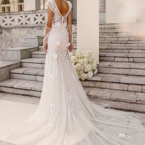 luce sposa 2022 symphony flowers bridal short puff sleeve v neckline fully embellished fit flare mermaid wedding dress chapel train (mimosa) bv