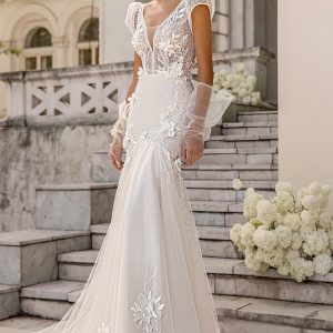 luce sposa 2022 symphony flowers bridal short puff sleeve v neckline fully embellished fit flare mermaid wedding dress chapel train (mimosa) mv