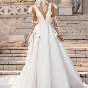 luce sposa 2022 symphony flowers bridal sleeveless bow straps plunging v neckline clean  minimalist a line ball gown wedding dress chapel train (nicolina) mv