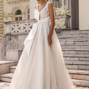 luce sposa 2022 symphony flowers bridal sleeveless straps plunging v neckline fully embellished bow waist a line ball gown wedding dress chapel train (magic 1) mv