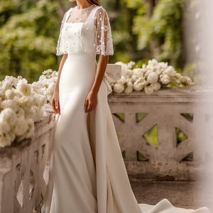 luce sposa 2022 symphony flowers bridal sleeveless thick straps square neckline clean minimalist sheath wedding dress a line overskirt bow back sheer cape (cleo) mv