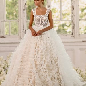 luce sposa 2022 symphony flowers bridal sleeveless thick straps square neckline embellished bodice ruffle skirt a line ball gown wedding dress chapel train (love) mv