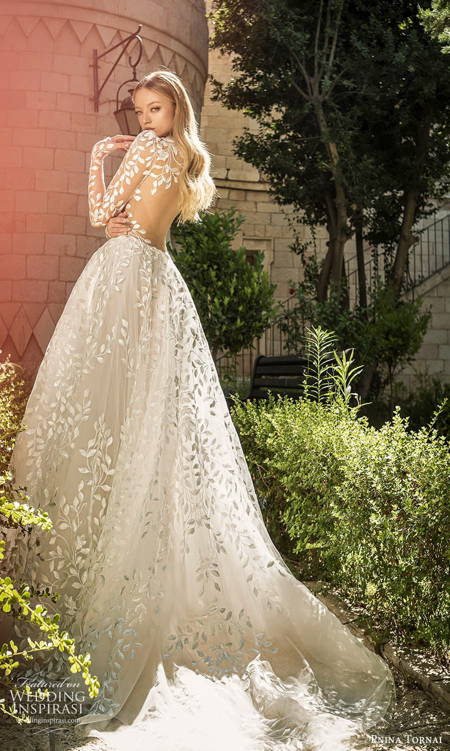 pnina tornai 2022 love bridal long puff sleeve plunging v neckline fully embellished lace a line ball gown wedding dress chapel train keyhole back (1) bv