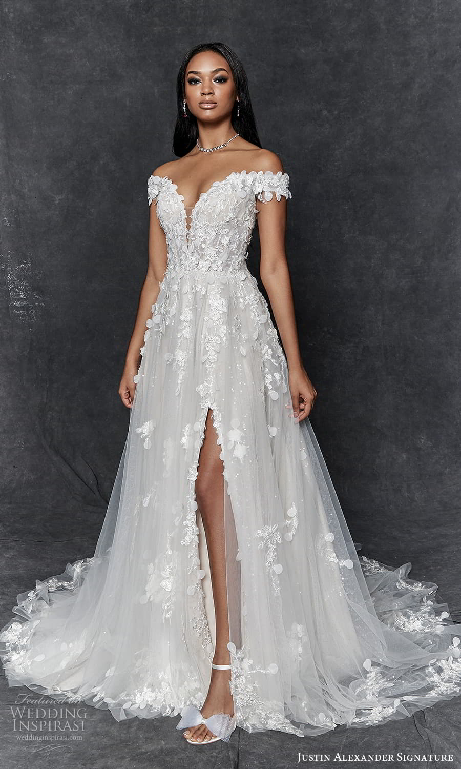 Romantic Off-the-Shoulder Long Sleeve Wedding Dress with Plunging Neckline