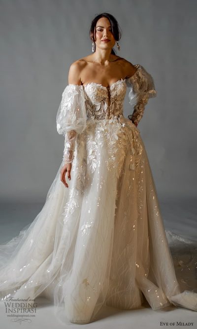 Eve Of Milady Spring 2024 Wedding Dresses Wedding Inspirasi   Eve Of Milady Spring 2024 Bridal Detached Puff Long Sleeve Strapless Sweetheart Neckline Fully Embellished A Line Ball Gown Wedding Dress Chapel Train 1 Mv 400x667 