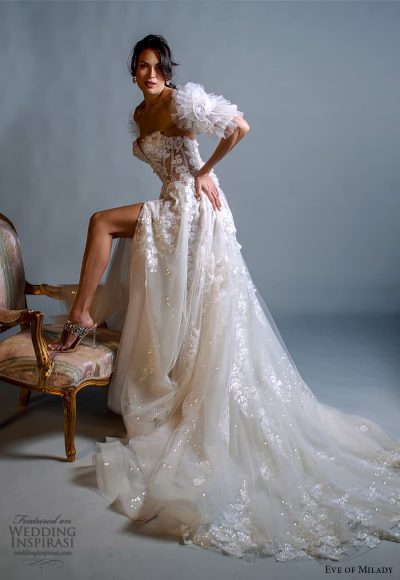 Eve Of Milady Spring 2024 Wedding Dresses Wedding Inspirasi   Eve Of Milady Spring 2024 Bridal Detached Puff Sleeve Straplss Sweetheart Neckline Heavily Embellished Corset Bodice A Line Ball Gown Wedding Dress Chapel Train 5 Mv 400x580 