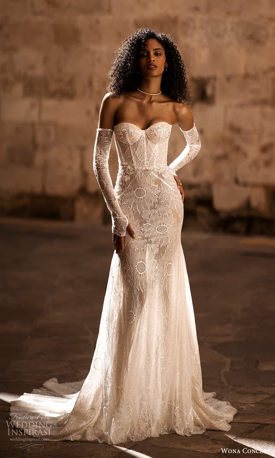 Wona Concept 2024 Bridal Detached Long Sleeves Sweetheart Neckline Fully Embellished Lace Sheath Wedding Dress Chapel Train 2 Mv 