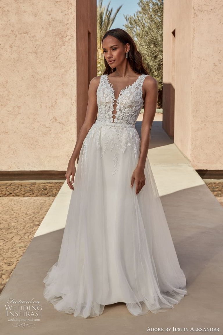 Adore By Justin Alexander Spring 2024 Wedding Dresses Wedding Inspirasi   Justin Alexander Adore Spring 2024 Bridal Straps Sleeves Sleeveless Sweetheart Neckline A Line Ball Gown Wedding Dress Chapel Train Alima 768x1152 