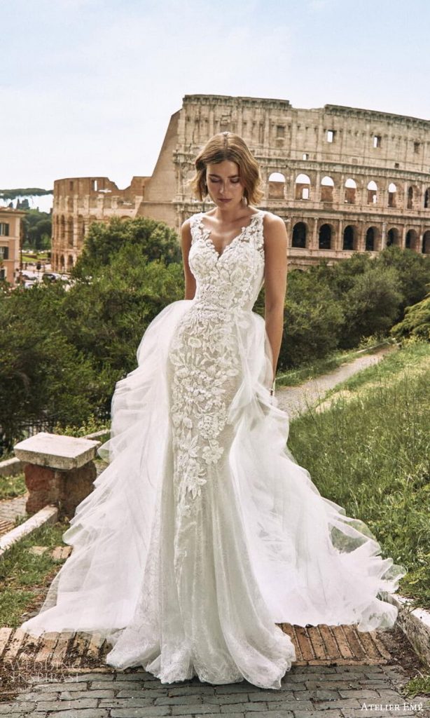 Atelier Em 2024 Wedding Dresses Amore A Prima Vista Bridal   Atelier Eme 2024 Bridal Sleeveless Strap V Neckline Embellished Lace Bodice Sheath Mermaid Fit Flare Wedding Dress A Line Tulle Overskirt Chapel Train 10 Mv 614x1024 