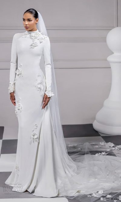 Tony Ward La Mari E Fall 2024 Wedding Dresses A Game Of Two Bridal   Tony Ward Fall 2024 Bridal Long Sleeve High Neckline Clean Minimalist Sheath Wedding Dress Chapel Train 5 Mv 400x667 