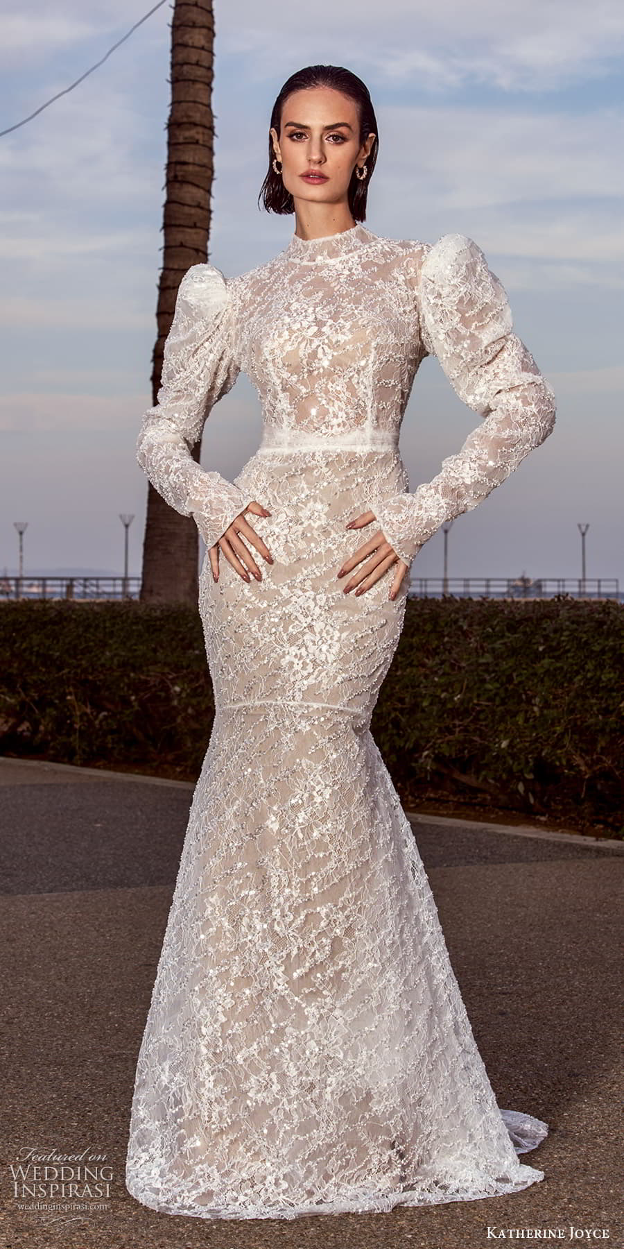 katherine joyce 2025 bridal long puff sleeve high neckline embellished lace fit flare mermaid wedding dress chapel train (8) mv