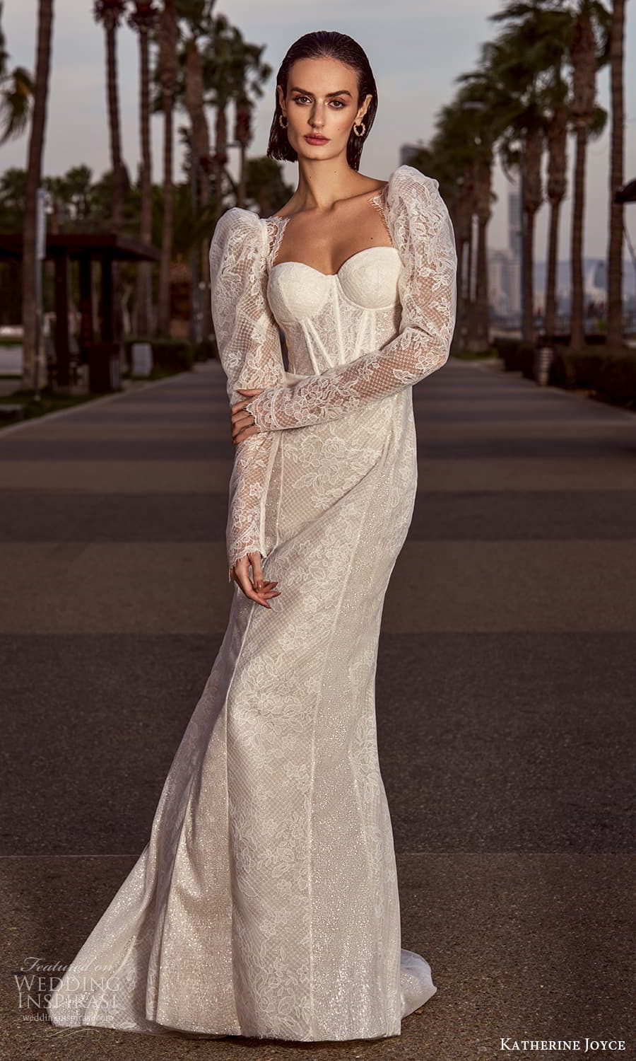 katherine joyce 2025 bridal long puff sleeve sweetheart neckline embellished lace fit flare wedding dress chapel train (15) mv