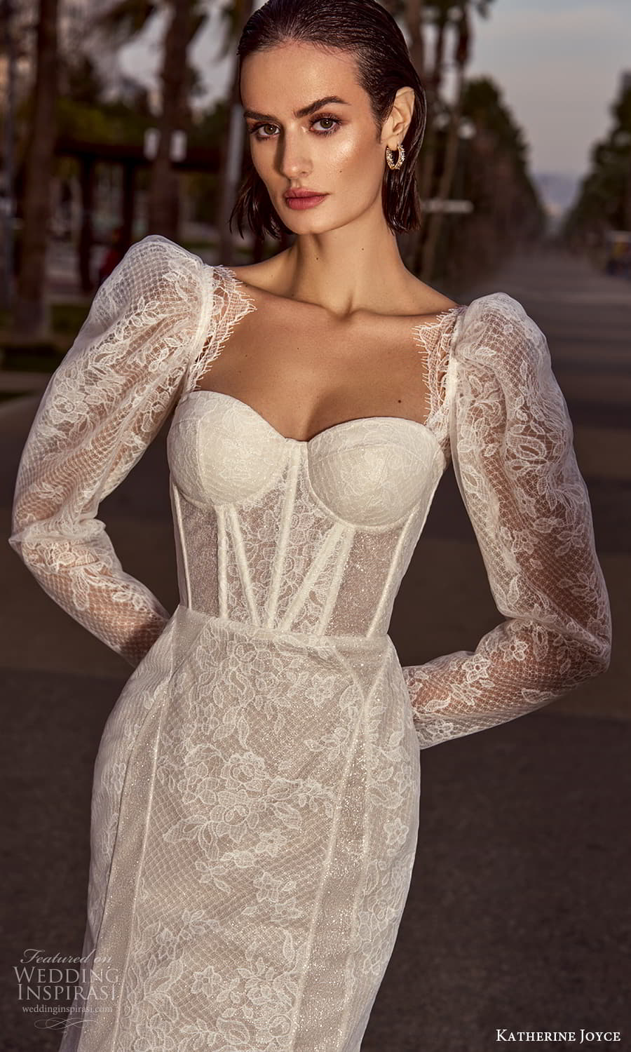 katherine joyce 2025 bridal long puff sleeve sweetheart neckline embellished lace fit flare wedding dress chapel train (15) zv