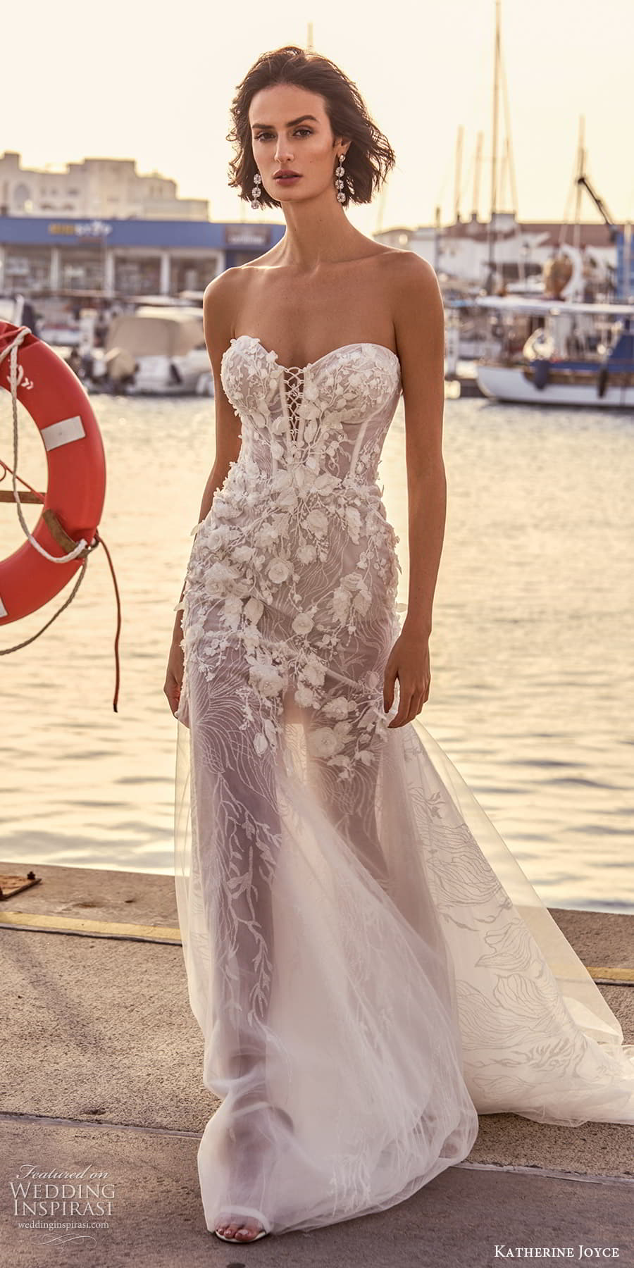 katherine joyce 2025 bridal sheer detachable sleeves strapless sweetheart neckline embellished bodice fit flare mermaid wedding dress chapel train (7) lv