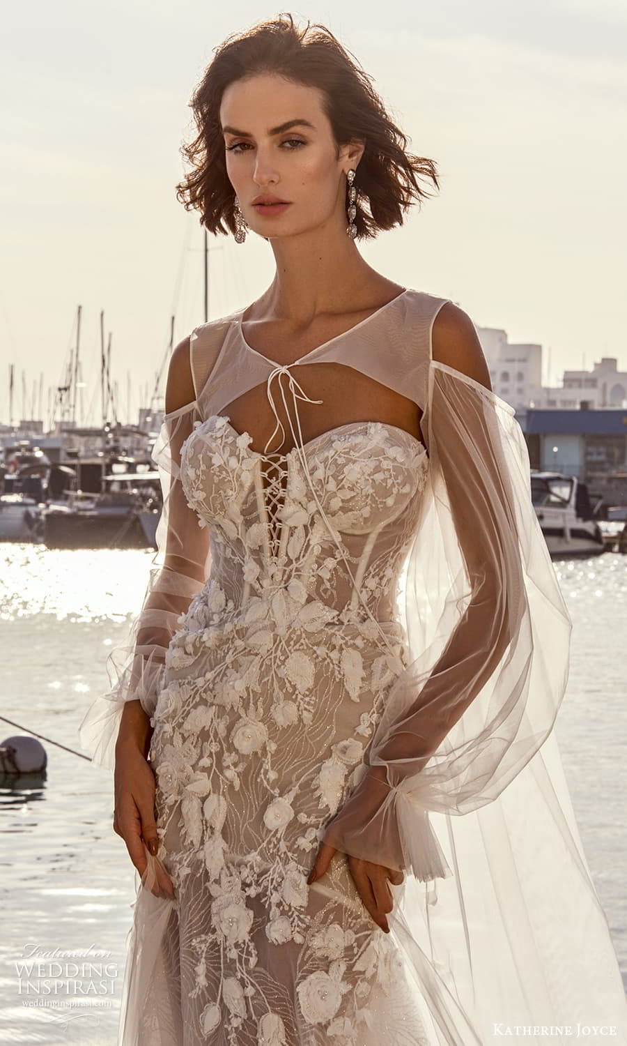 katherine joyce 2025 bridal sheer detachable sleeves strapless sweetheart neckline embellished bodice fit flare mermaid wedding dress chapel train (7) zv
