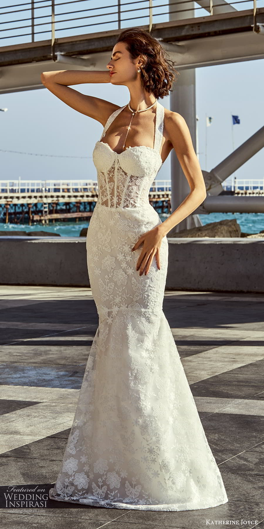 katherine joyce 2025 bridal sleeveless halter neck sweetheart neckline corset bodice lace fit flare mermaid wedding dress chapel train (14) mv