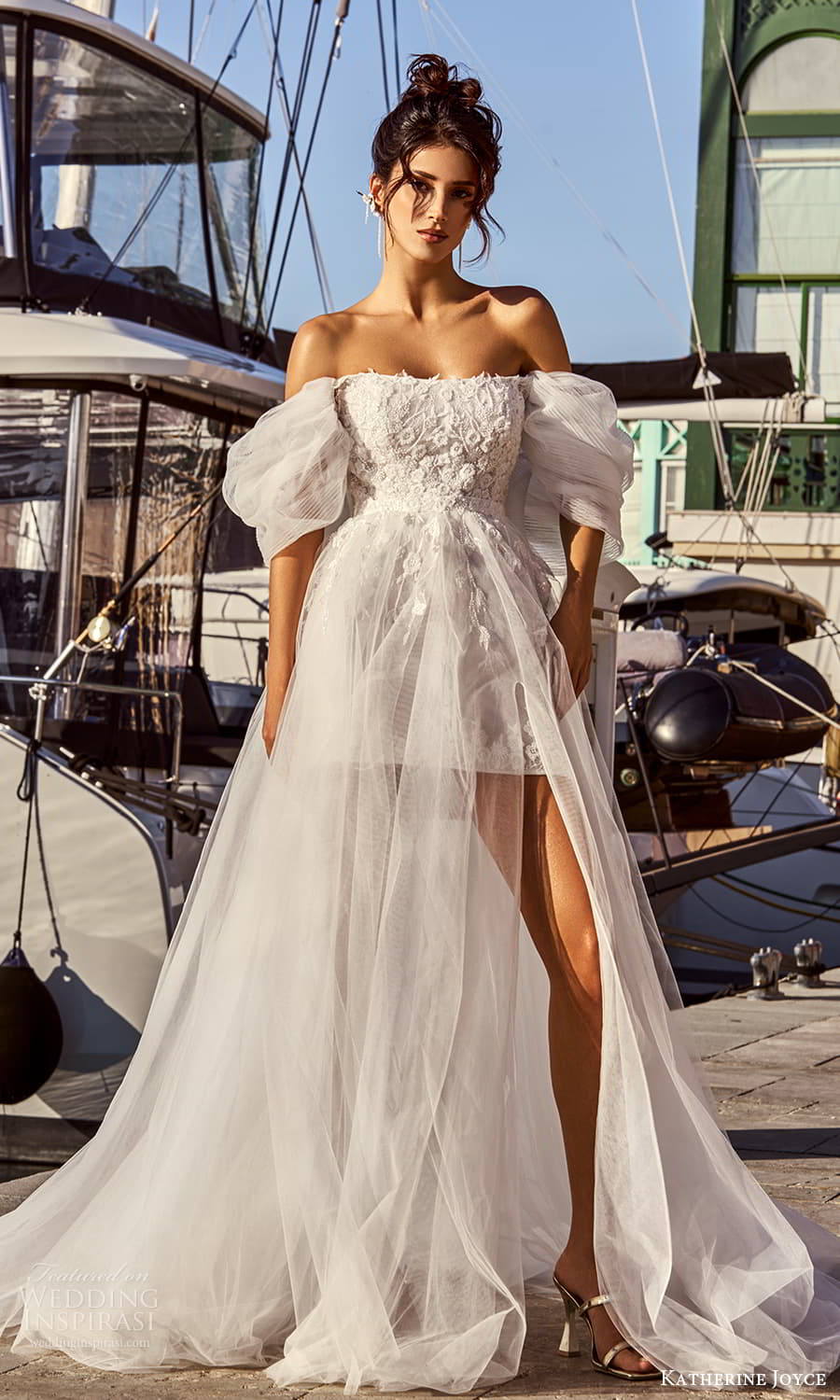 katherine joyce 2025 bridal strapless semi scoop neckline fully embellished short wedding dress detachable sleeves a line overskirt chapel train (1) mv