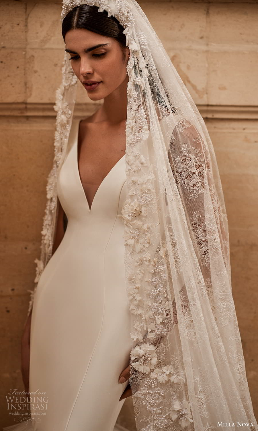 milla nova 2025 bridal sleeveless straps v neckline clean minimalist fit flare mermaid wedding dress tiered ruffle skirt chapel train veil (14) zv