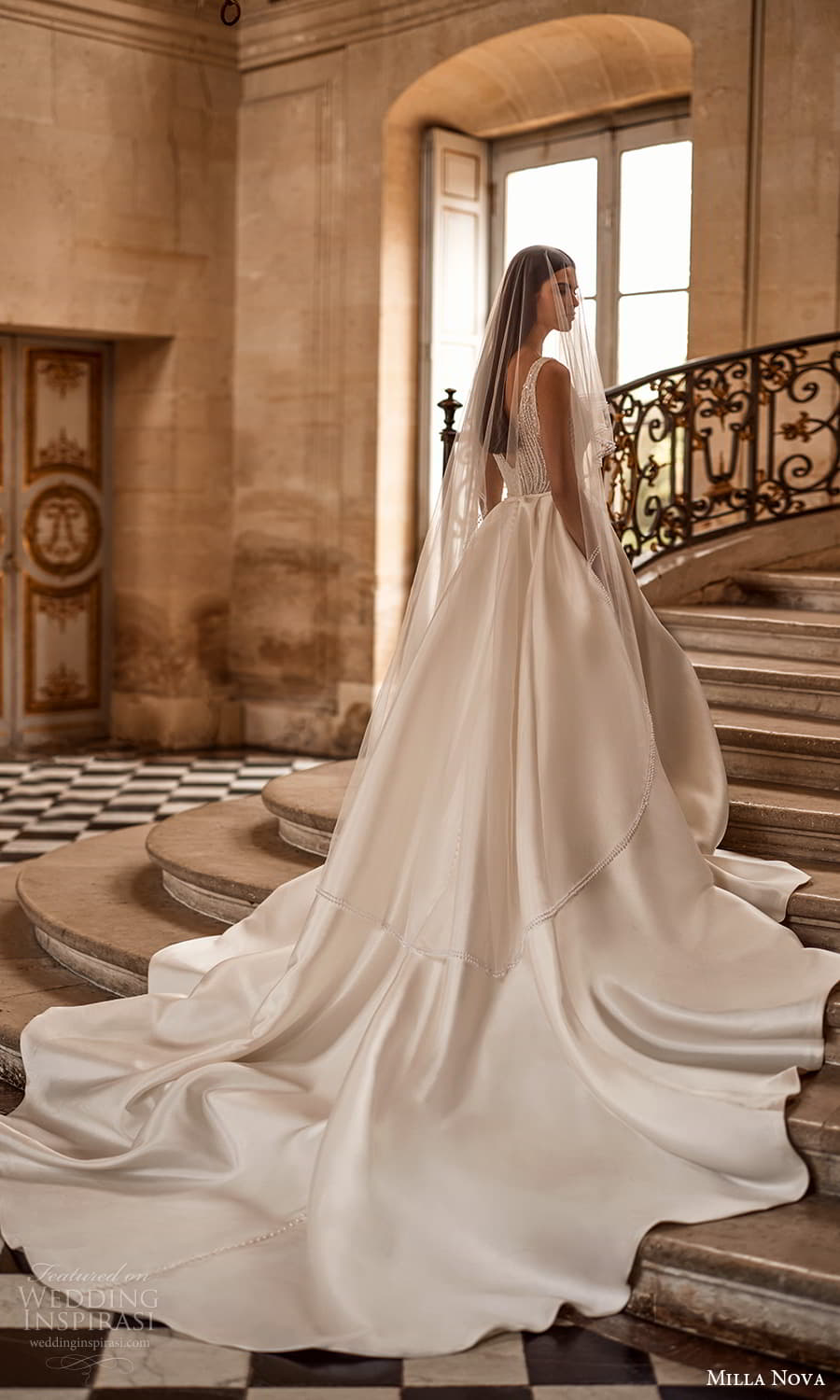 milla nova 2025 bridal sleeveless straps v neckline heavily embellished bodice clean skirt a line ball gown wedding dress chapel train (8) bv