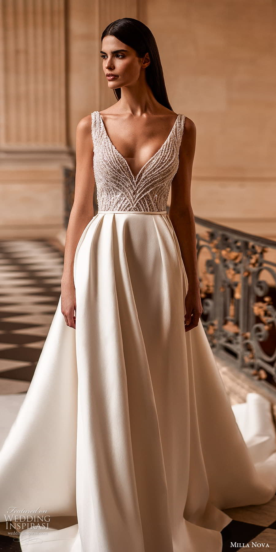 milla nova 2025 bridal sleeveless straps v neckline heavily embellished bodice clean skirt a line ball gown wedding dress chapel train (8) mv