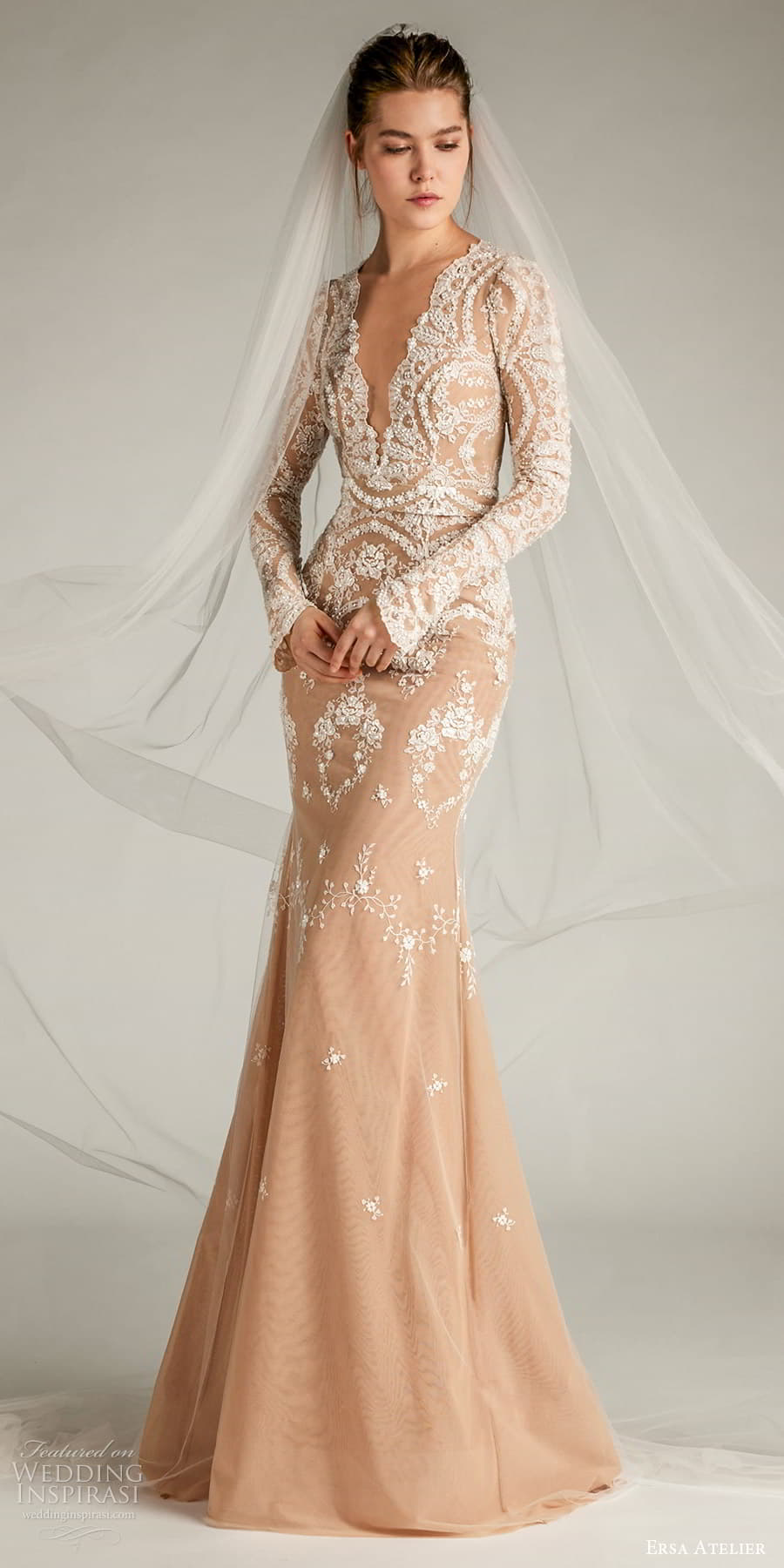 ersa atelier spring 2024 bridal long sleeve plunging scalloped v neckline fit flare sheath wedding dress blush color chapel train (3) mv