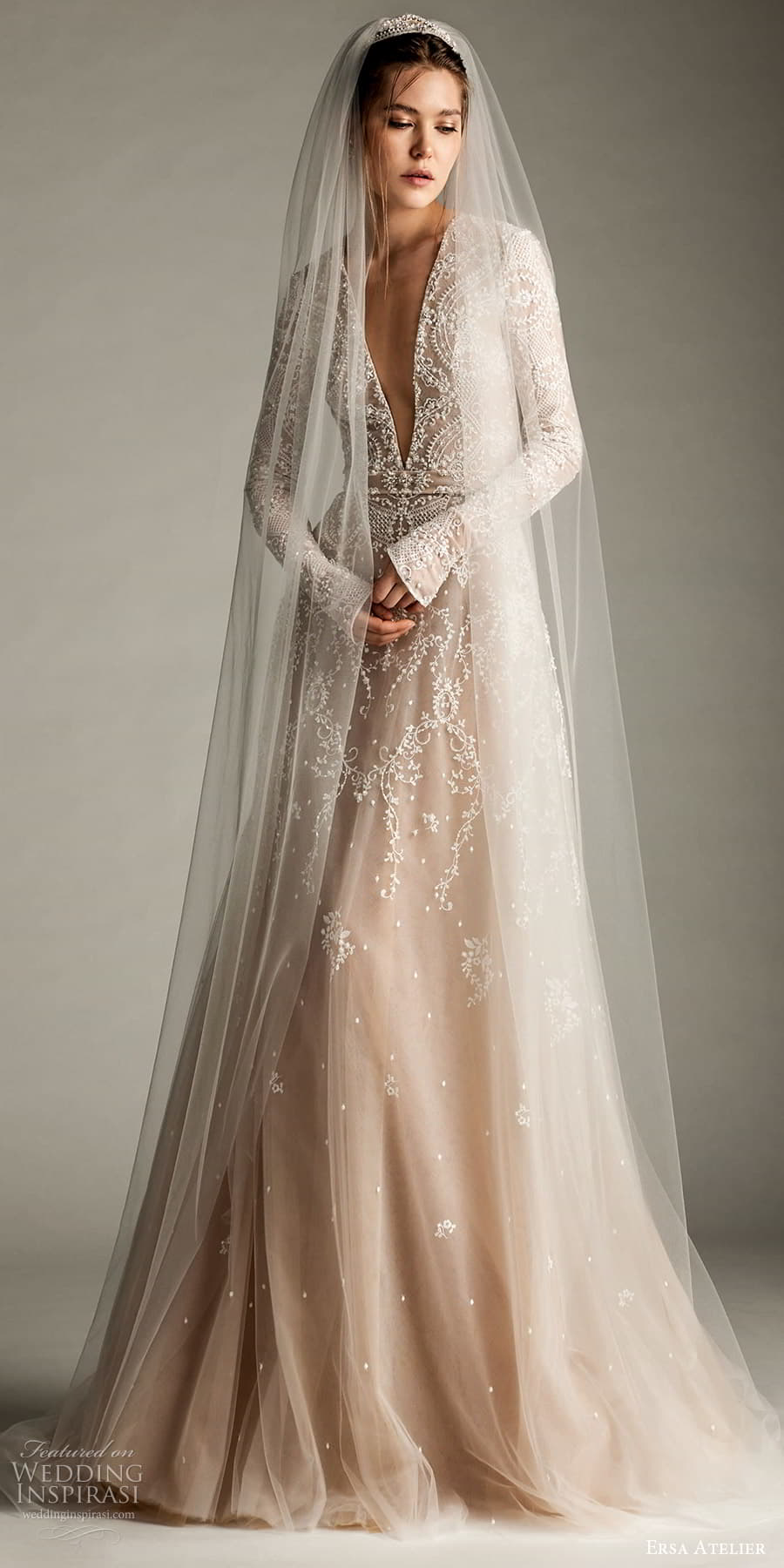 ersa atelier spring 2024 bridal long sleeve plunging v neckline embelilshed lace sheath wedding dress chapel train (20) mv