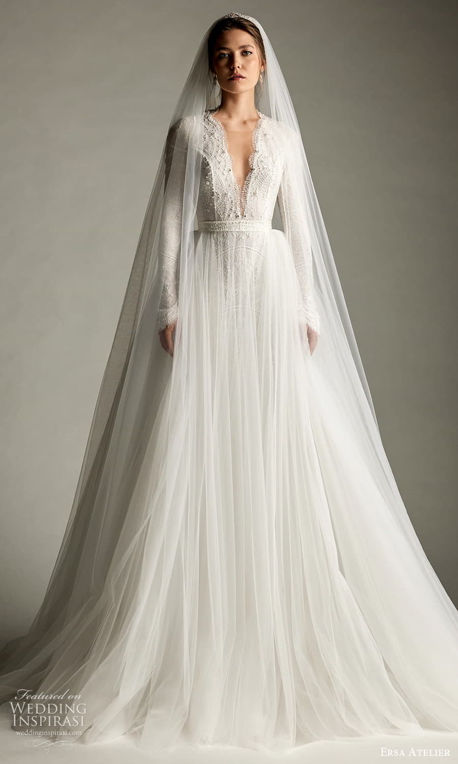 ersa atelier spring 2024 bridal long sleeve plunging v neckline embellished lace sheath wedding dress sheer a line overskirt chapel train (19) mv