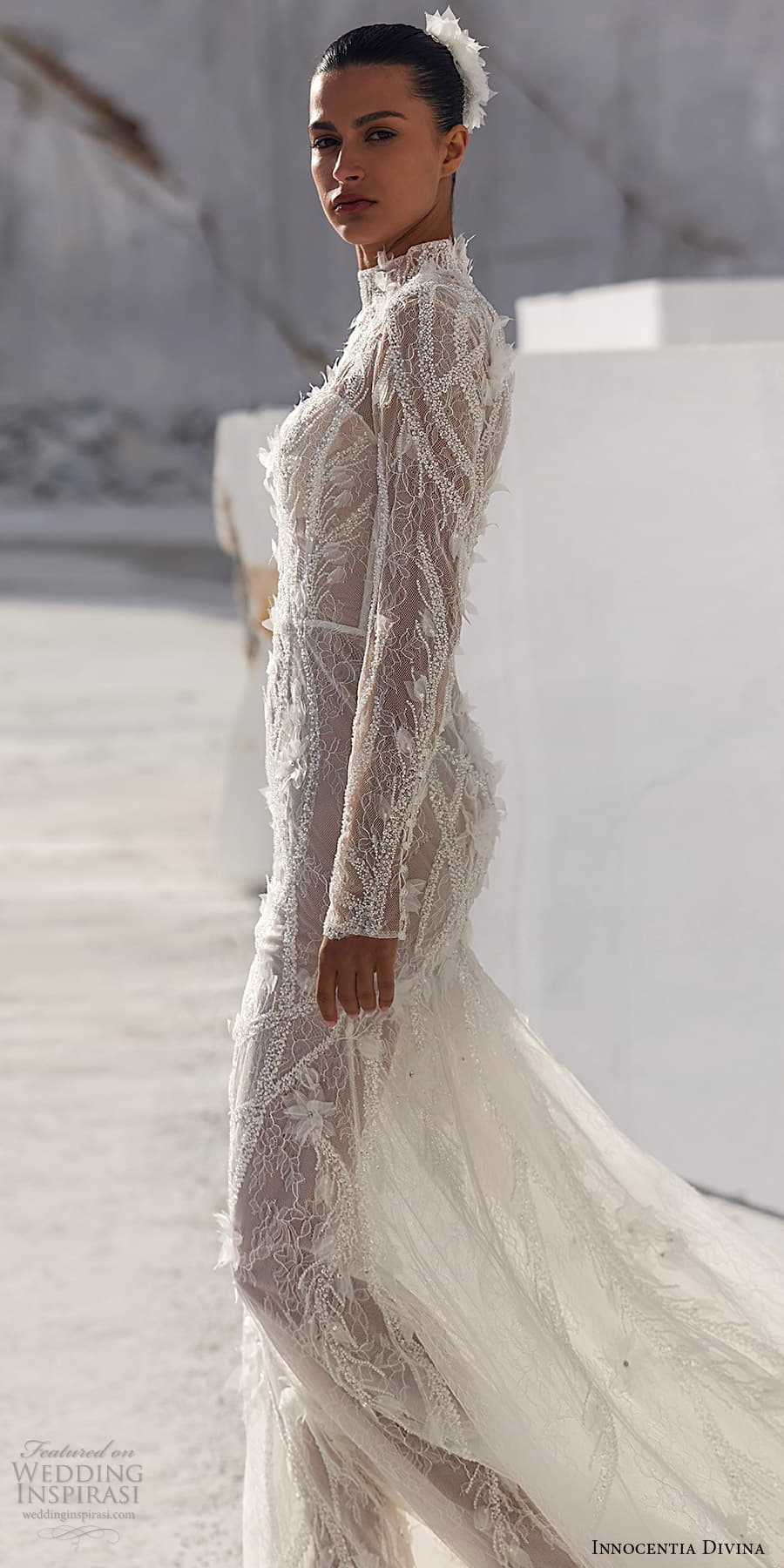 innocentia divina 2025 bridal sheer long sleeve high neckline embellished sheath wedding dress chapel train (13) sv