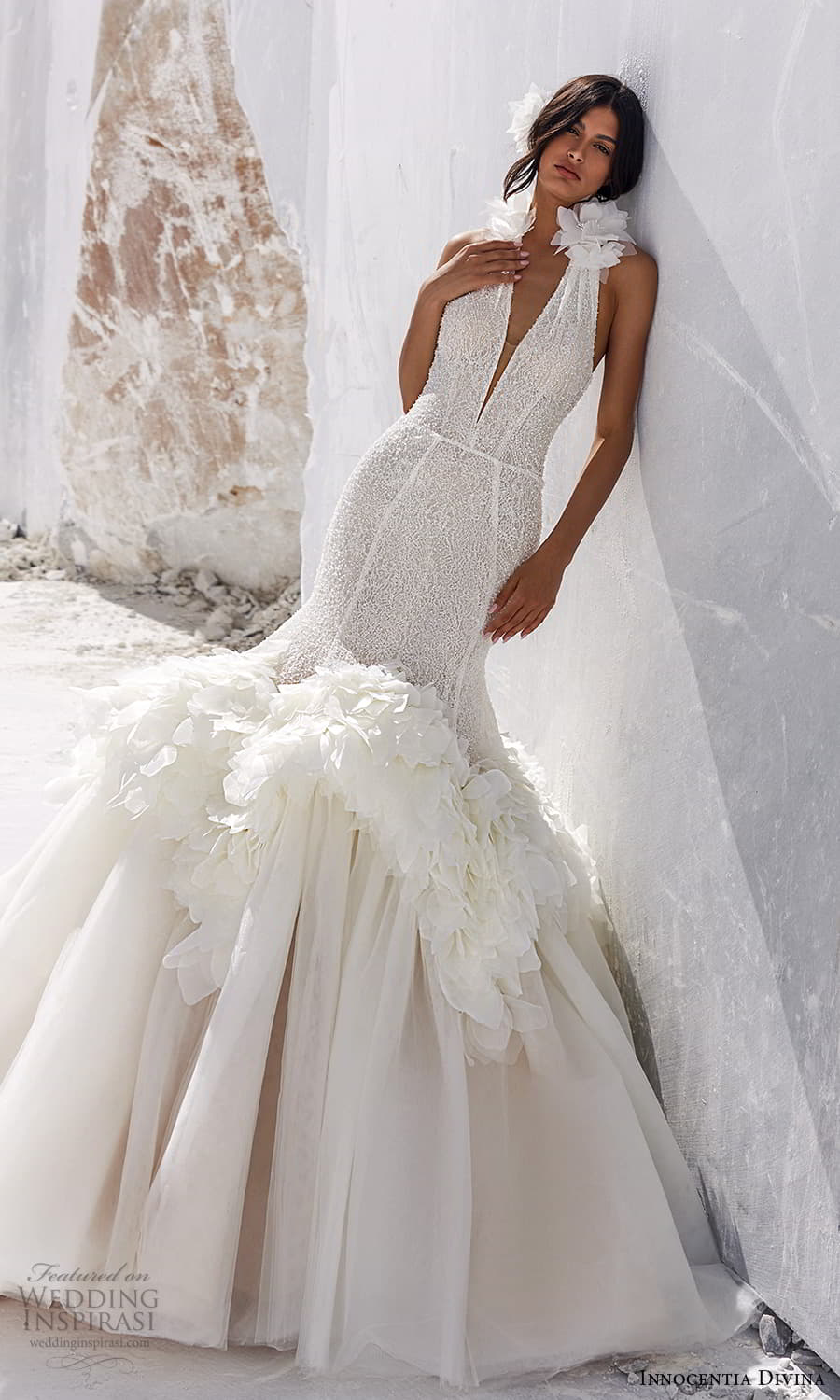 innocentia divina 2025 bridal sleeveless halter strap plungin v neckline embellished fit flare mermaid wedding dress chapel train (10) mv