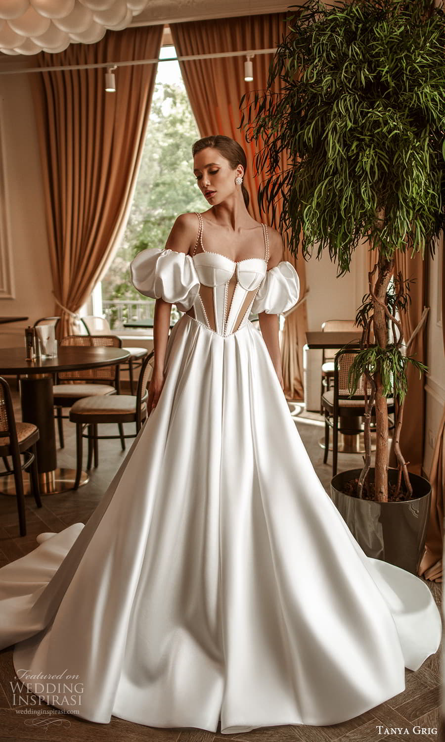 tanya grig 2025 bridal detached short puff sleeves illusion straps sweetheart neckline sheer inset bodice clean minimalist a line ball gown wedding dress chapel train (3) mv