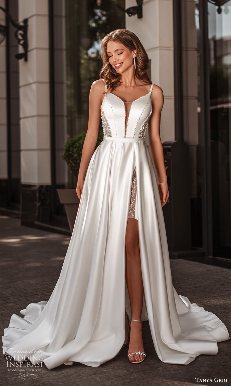 tanya grig 2025 bridal sleeveless straps plunging v neckline clean minimalist side cutout short wedding dress a line overskirt chapel train (18) mv