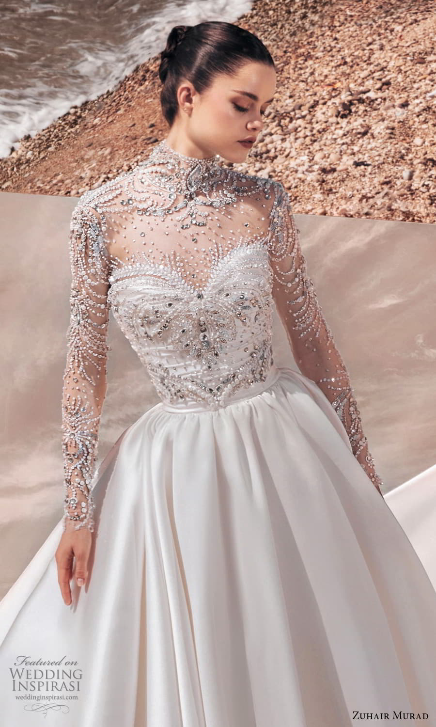 zuhair murad spring 2025 bridal sheer heavily embellished high neck top strapless sweetheart neckline clean minimalist a line ball gown wedding dress chapel train (9) mv