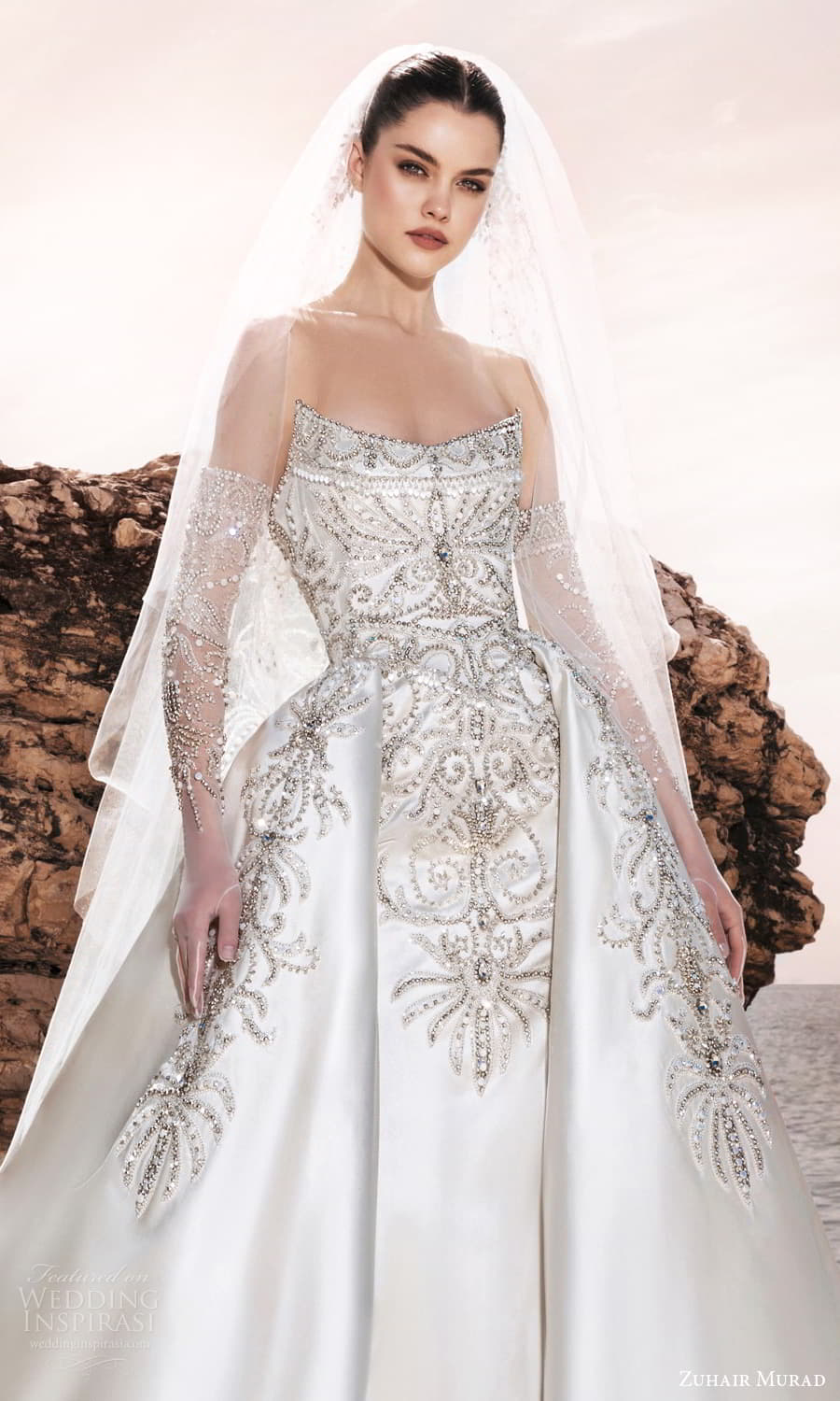 zuhair murad spring 2025 bridal sheer long gloves strapless scoop cat ear neckline heavily embellished bodice clean skirt a line ball gown wedding dress chapel train (2) zv