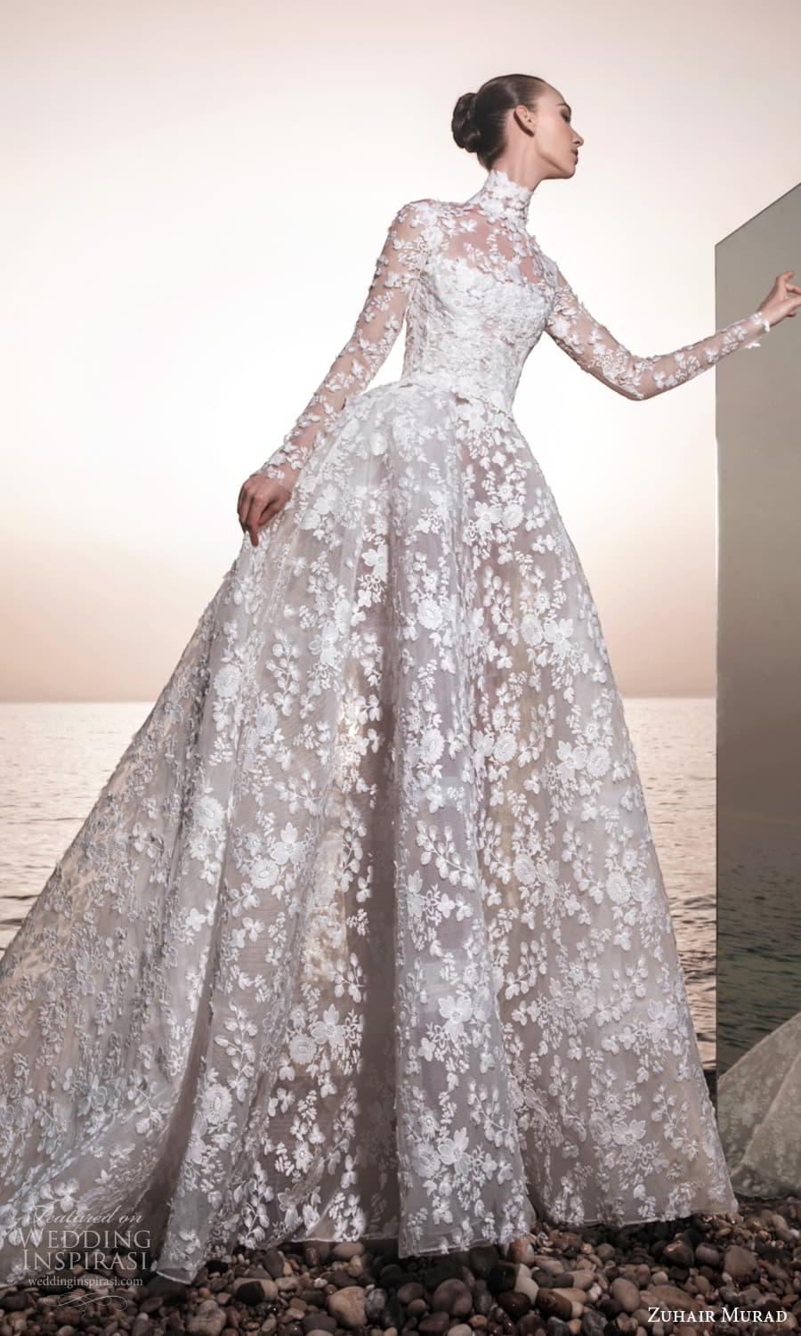 zuhair murad spring 2025 bridal sheer long sleeve high neck top strapless straight across neckline heavily embellished a line ball gown wedding dress chapel train (7) fv