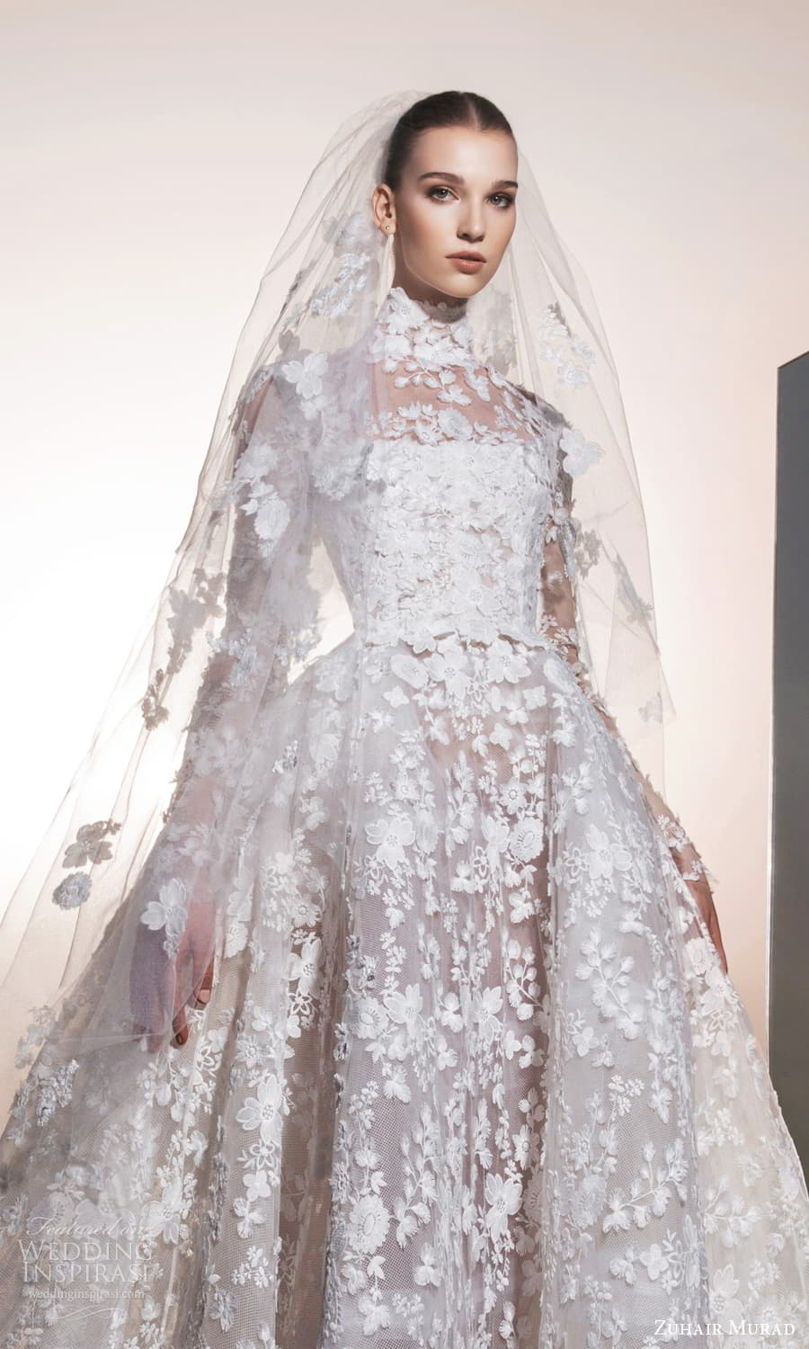 zuhair murad spring 2025 bridal sheer long sleeve high neck top strapless straight across neckline heavily embellished a line ball gown wedding dress chapel train (7) mv