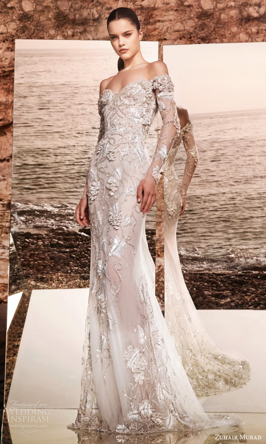 zuhair murad spring 2025 bridal sheer long sleeve sweetheart neckline heavily embellished sheath wedding dress chapel train (11) mv