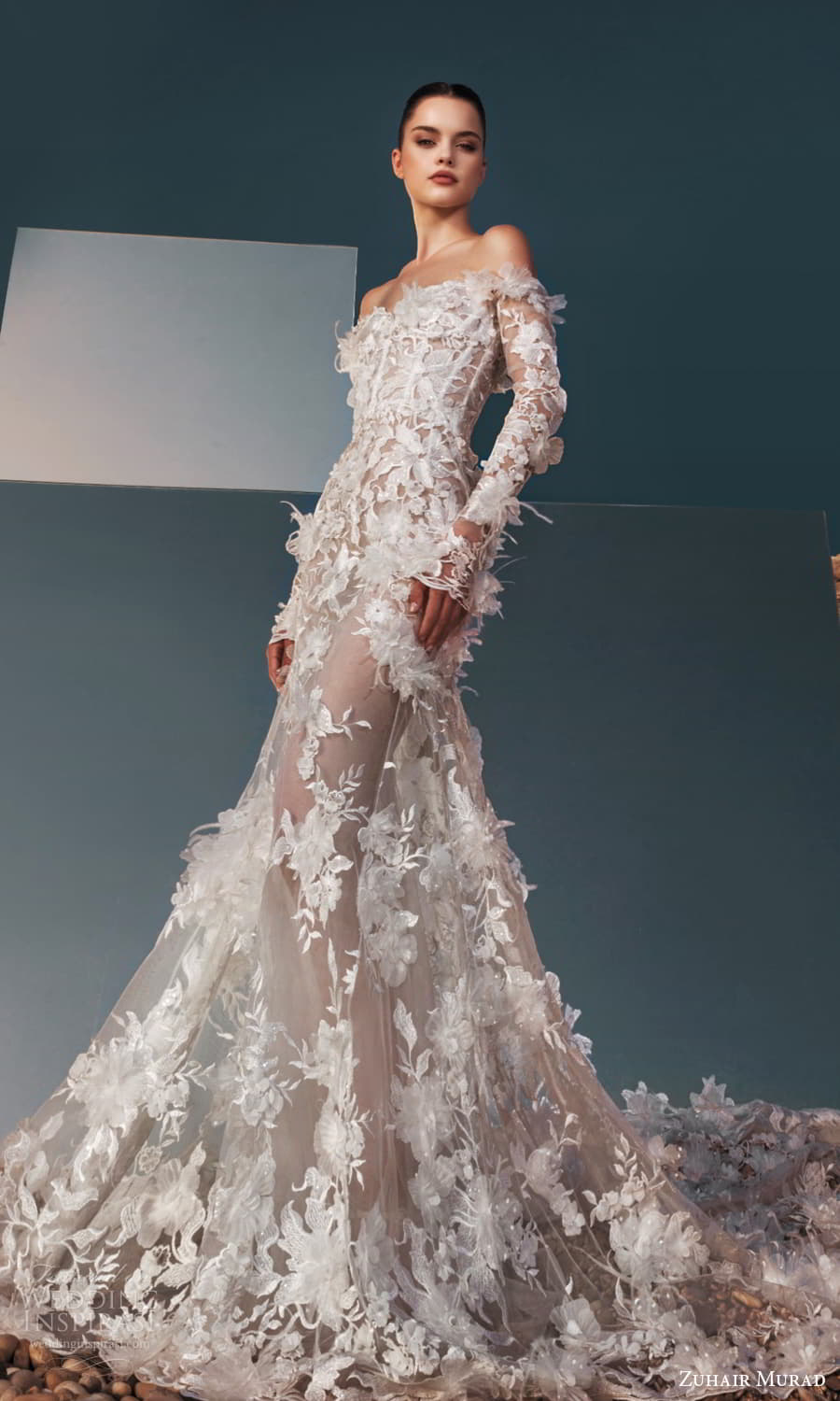 zuhair murad spring 2025 bridal sheer long sleeves off shoulder crumbcatcher neckline heavily embellished lace fit flare a line wedding dress sheer skirt chapel train (1) mv