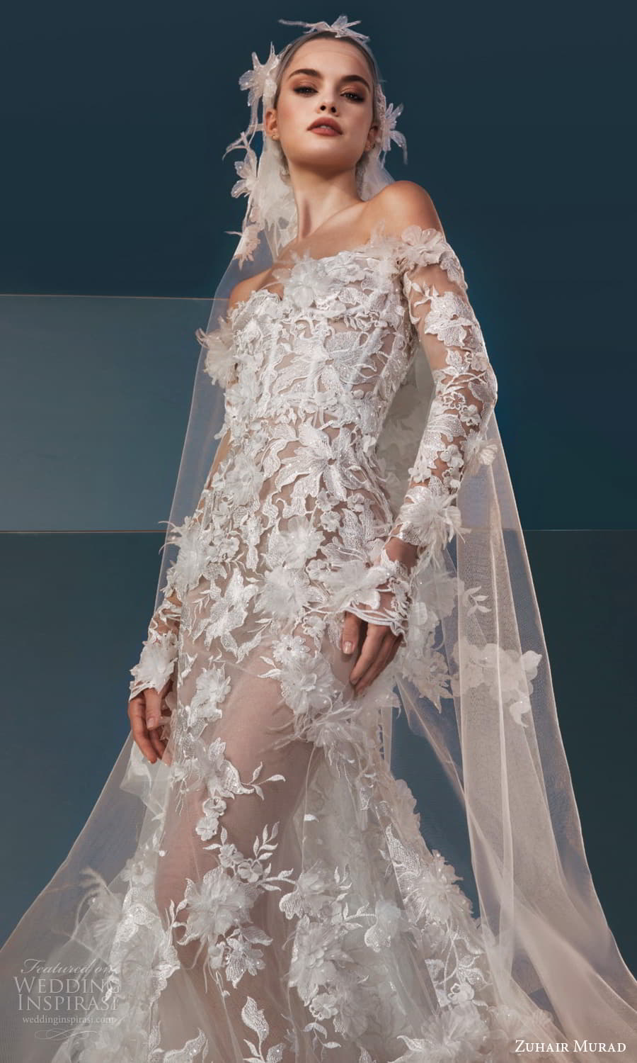 zuhair murad spring 2025 bridal sheer long sleeves off shoulder crumbcatcher neckline heavily embellished lace fit flare a line wedding dress sheer skirt chapel train (1) zv