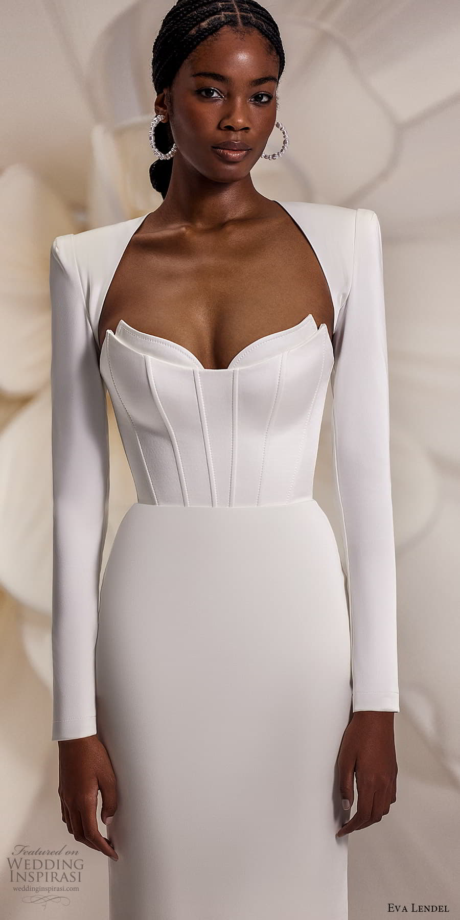 eva lendel 2025 bridal long sleeve bolero jacket strapless cat eye crumbcatcher scoop neckline clean minimalist column sheath wedding dress chapel train (19) zv