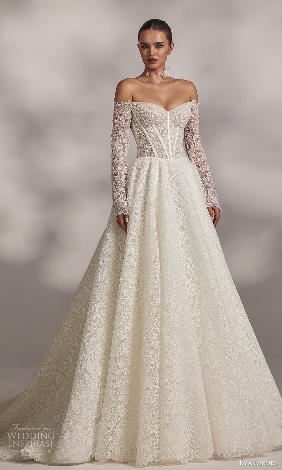 eva lendel 2025 bridal sheer detached long sleeve strapless sweetheart neckline corset bodice lace a line ball gown wedding dress chapel train (4) mv