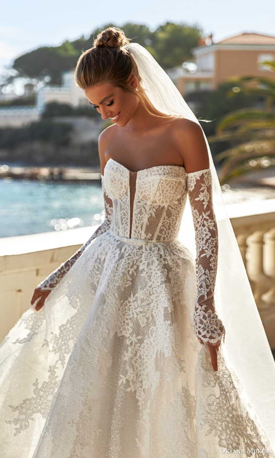 oksana mukha 2025 bridal detached long sleeves strapless semi sweetheart neckline embellished lace a line ball gown wedding dress chapel train (14) mv