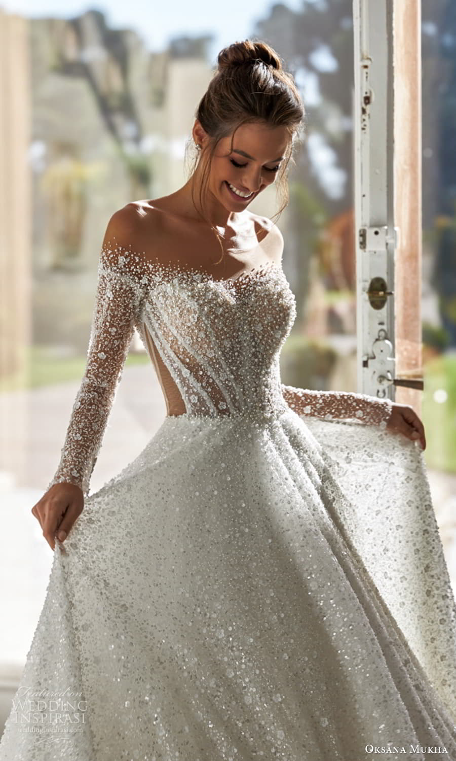 oksana mukha 2025 bridal sheer off shoulder long sleeves portrait neckline heavily embellished a line ball gown wedding dress chapel train (15) mv