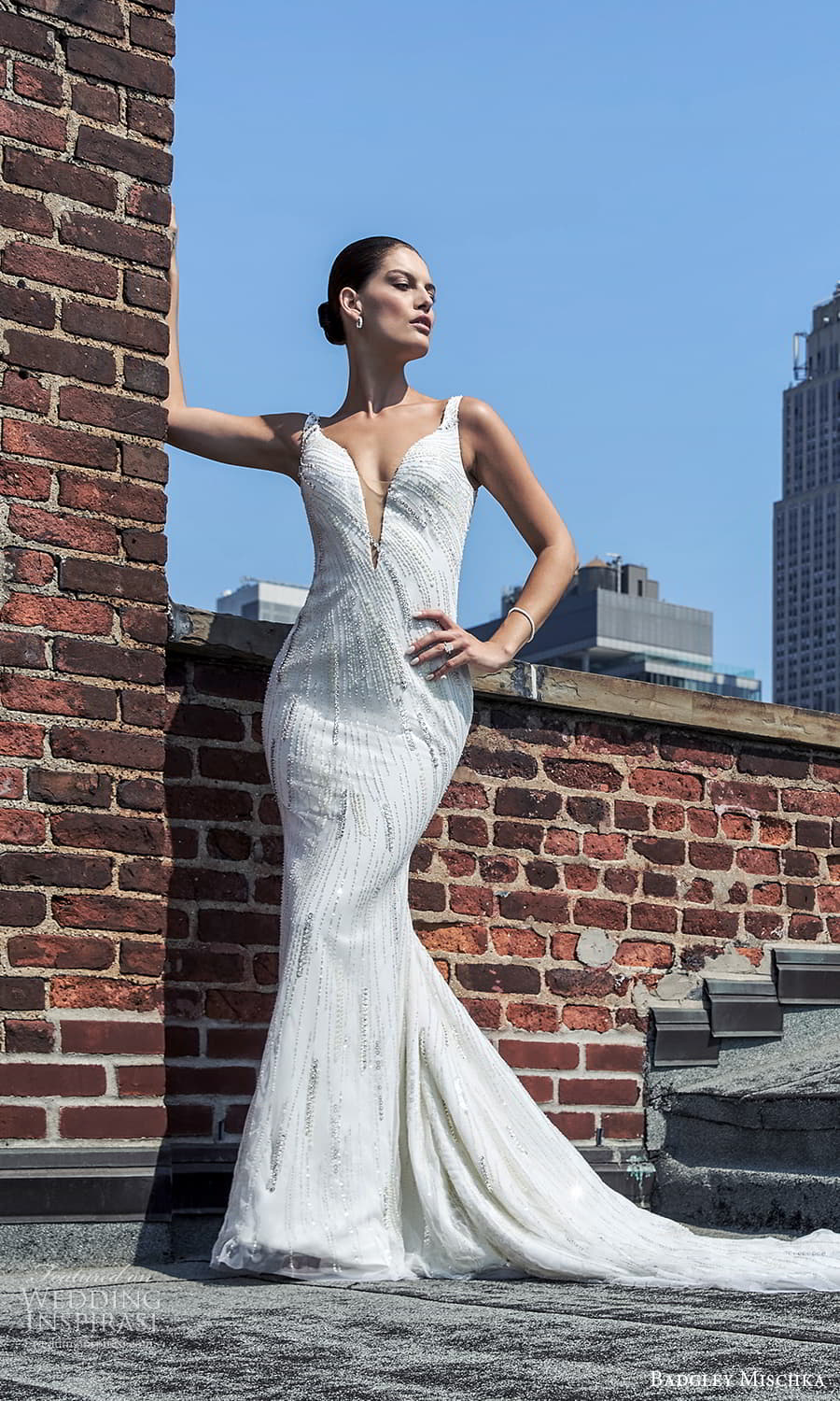 badgley mischka fall 2025 bridal sleeveless thick straps plunging v neckline embellished sheath wedding dress chapel train (4) mv