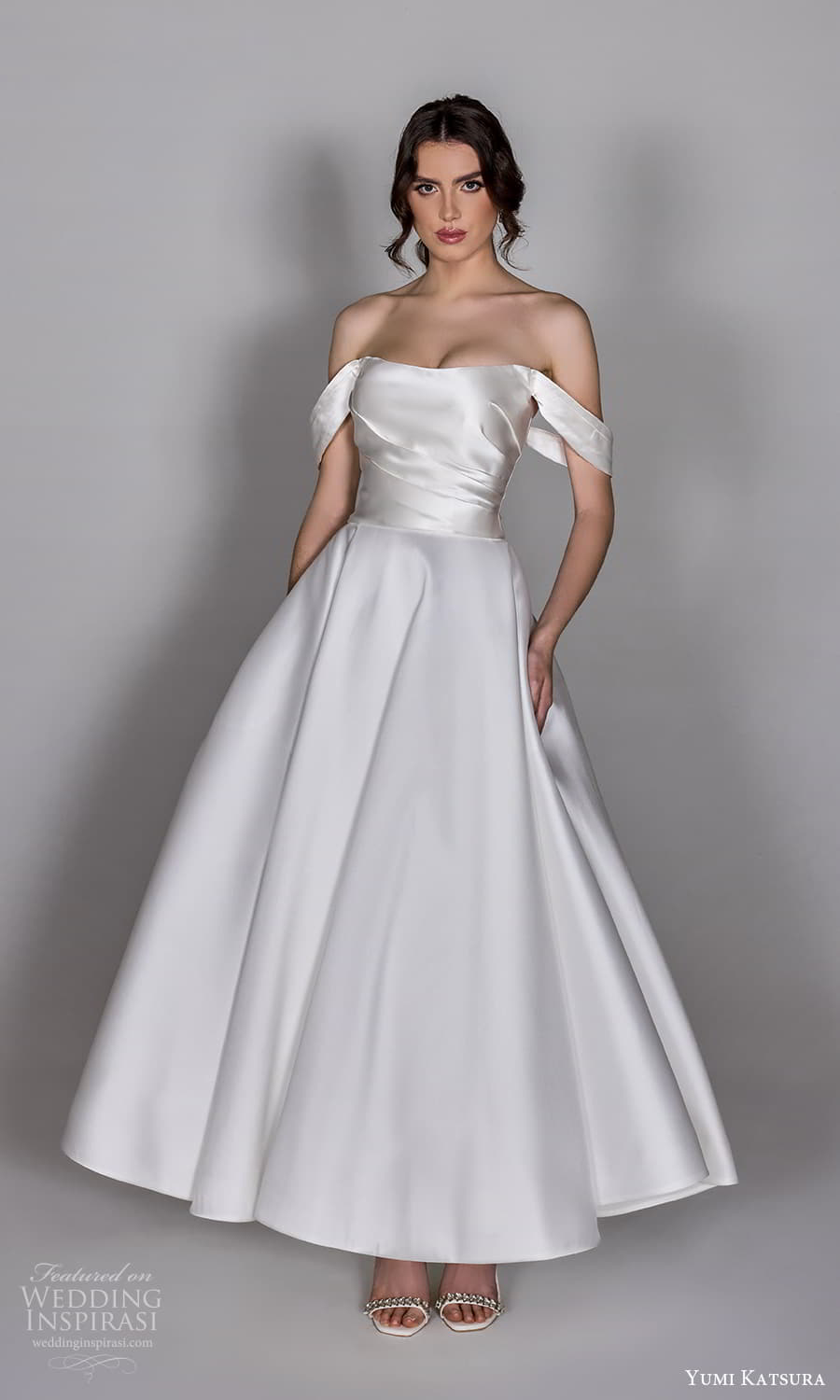 yumi katsura 2025 capsule bridal off shoulder straps semi scoop neckline pleated bodice a line tea length wedding dress (2) mv