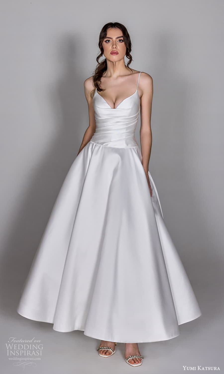 yumi katsura 2025 capsule bridal sleeveless thin straps cat eye sweetheart neckline pleated bodice dropped waist tea length wedding dress (2) mv