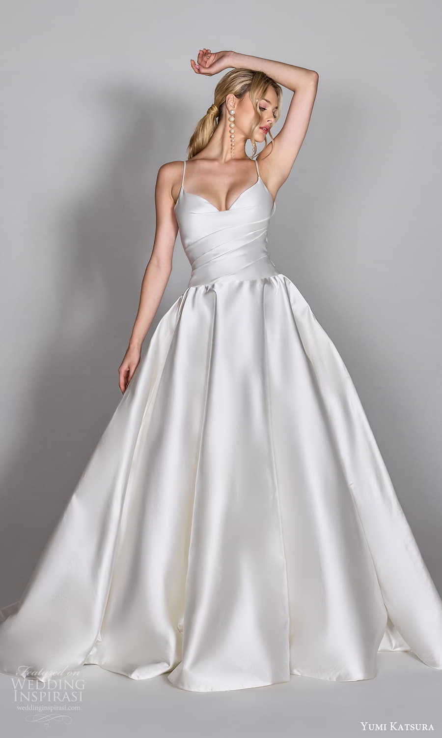 yumi katsura 2025 capsule bridal sleeveless thin straps sweetheart neckline pleated bodice dropped waist ball gown wedding dress chapel train (4) mv